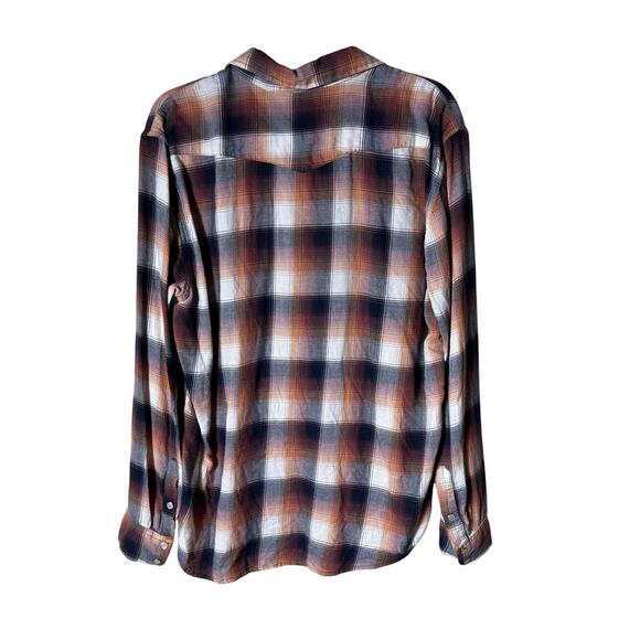 Aeropostale Men Pearl Snap Flannel Shirt SZ L Plaid Western Orange Black Burgund - Picture 2 of 6